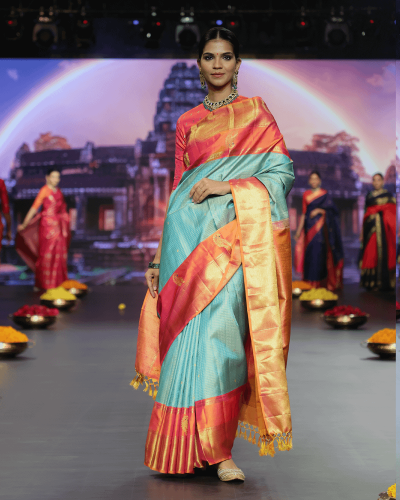 Blue & Orangish Pink Kanjivaram Saree