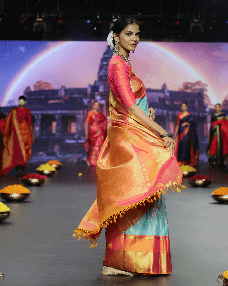 Blue & Orangish Pink Kanjivaram Saree - Image 2