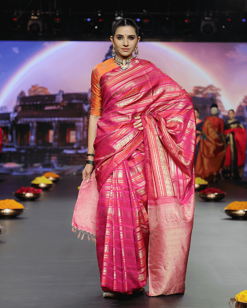 Striped Pink Kanjivaram Saree