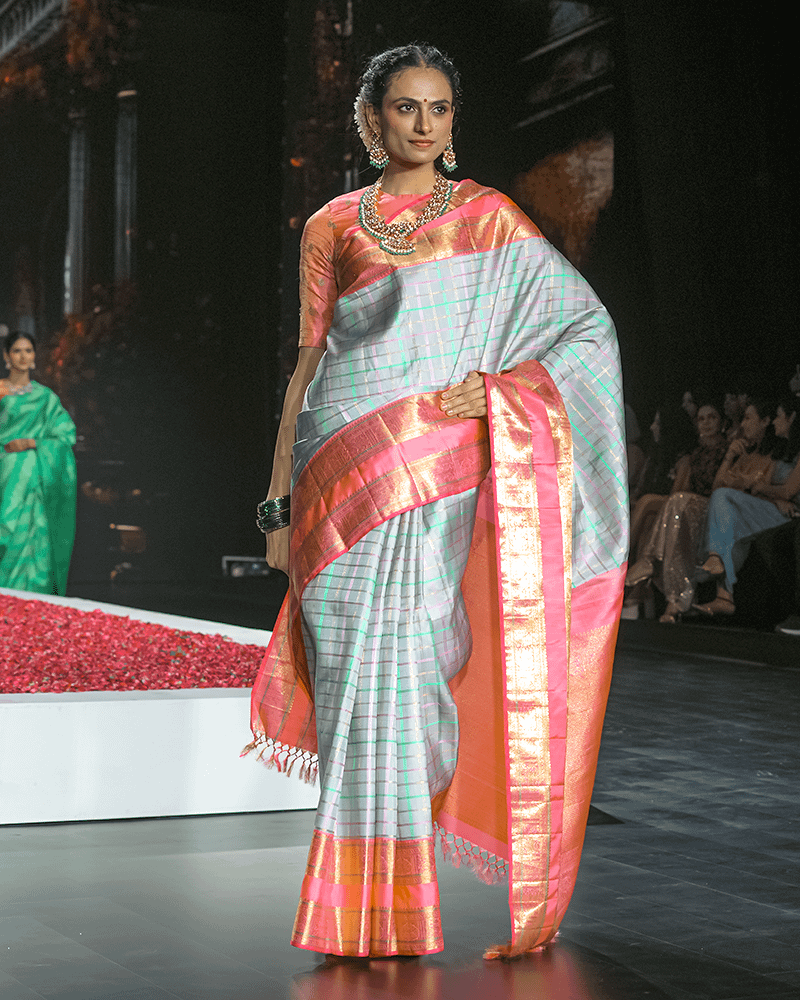 Light Grey and Coral Border Saree