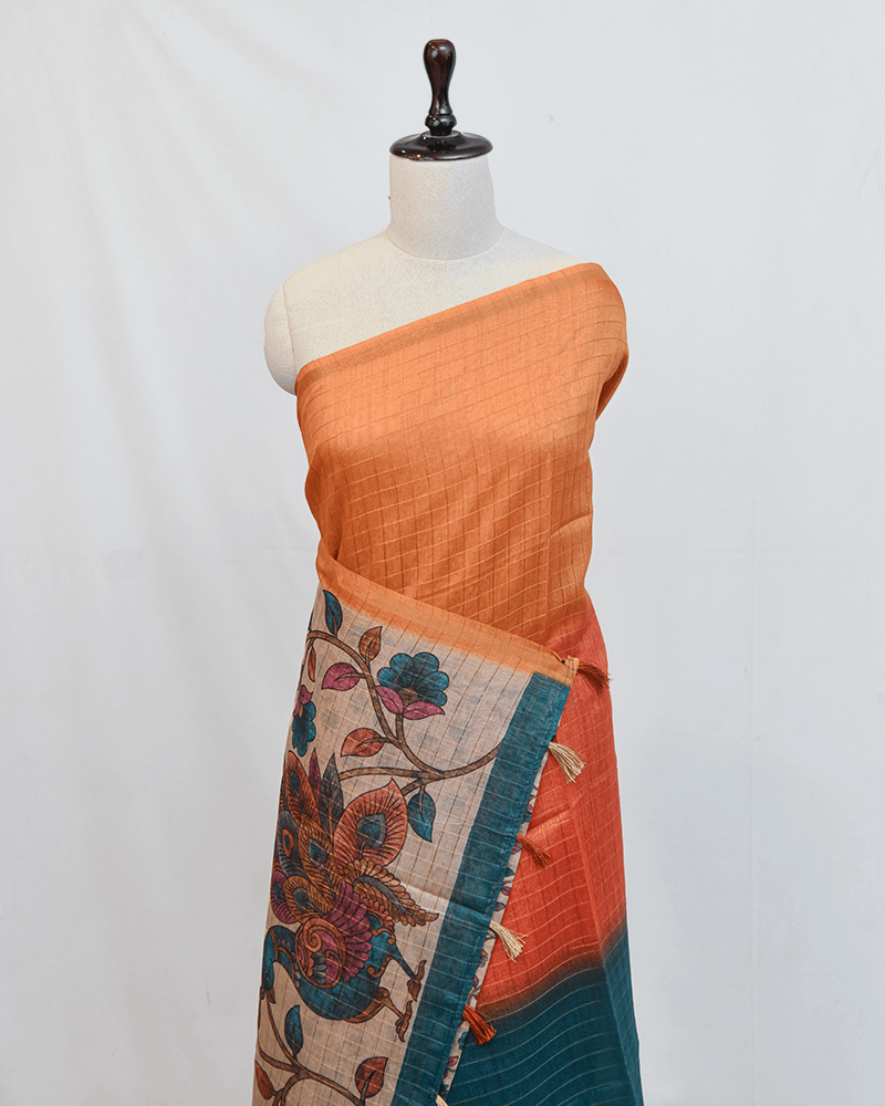 Orange and Teal Floral Saree