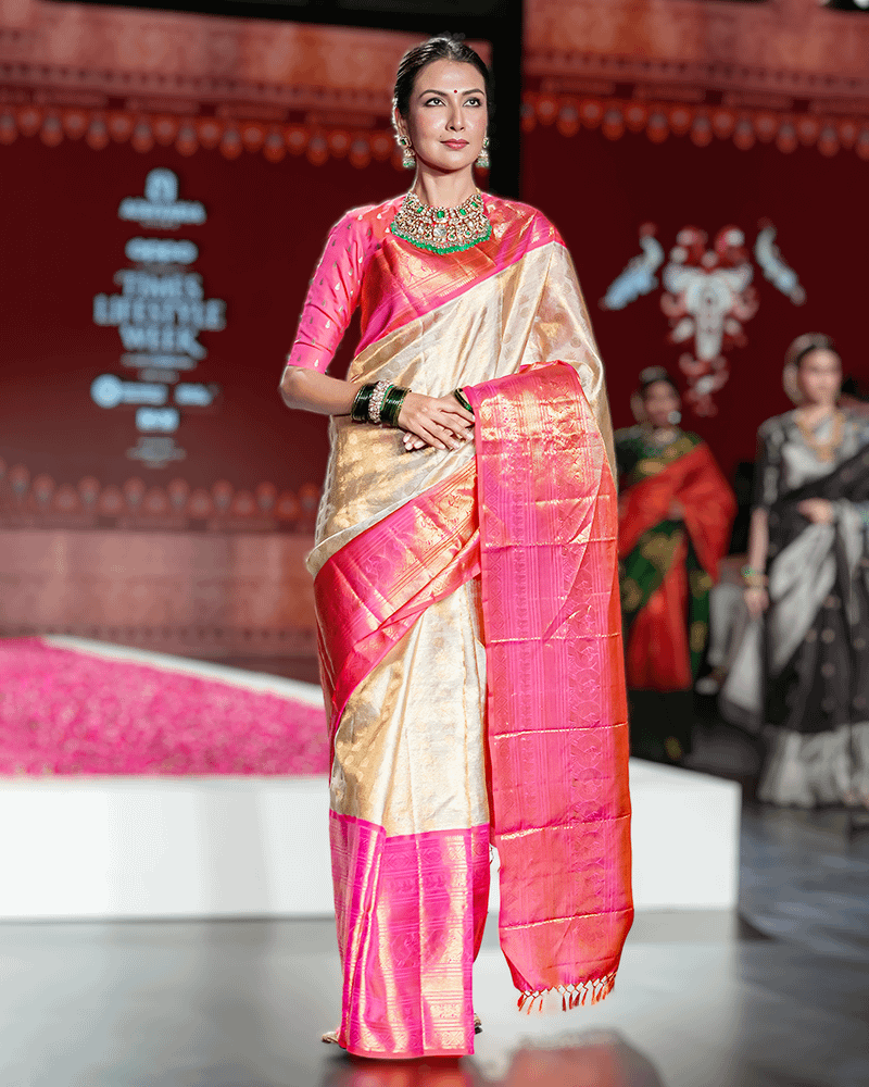 Off White & Pink Kanjivaram Saree