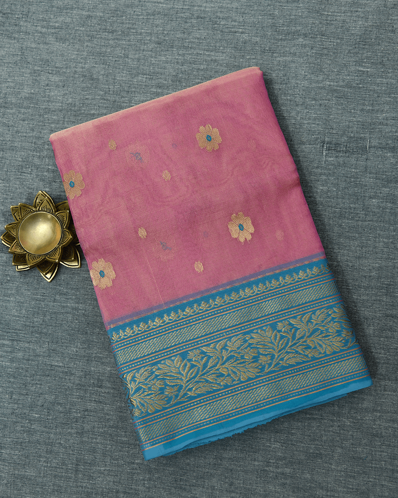 Pink Saree with Blue Border - Image 3