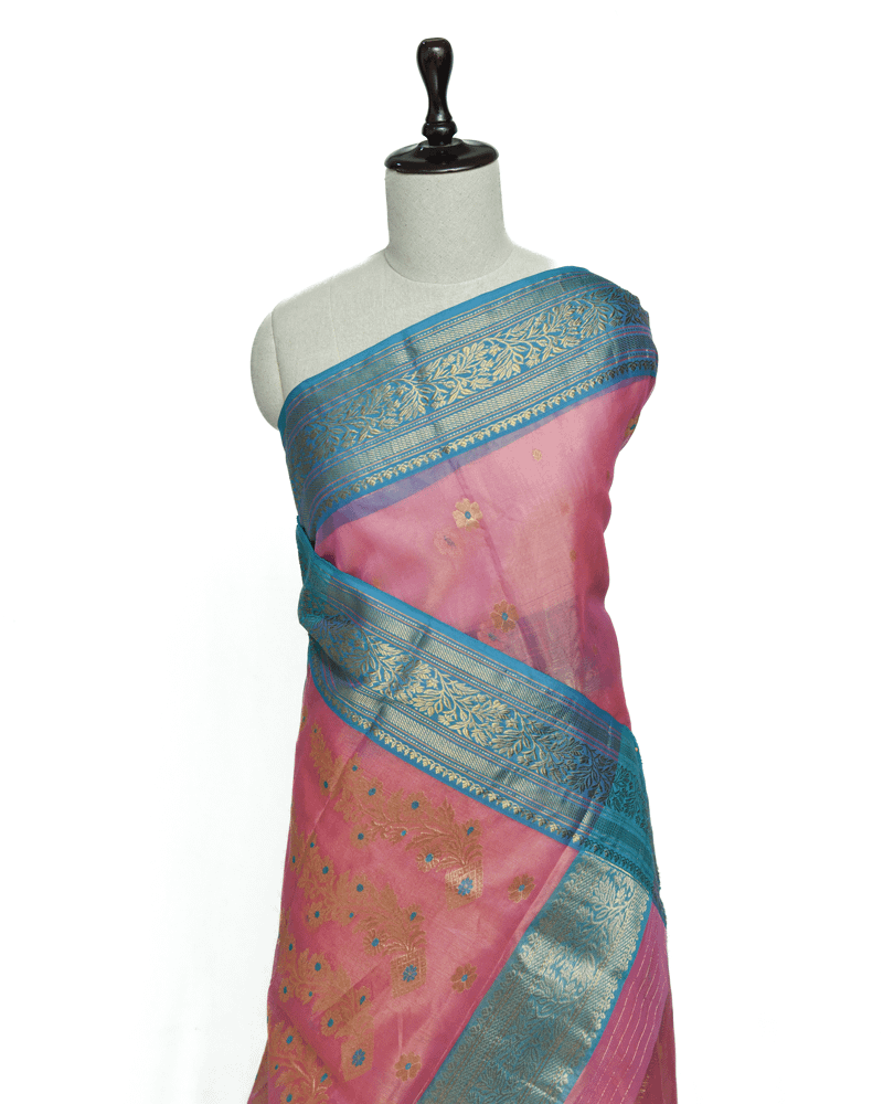 Pink Saree with Blue Border
