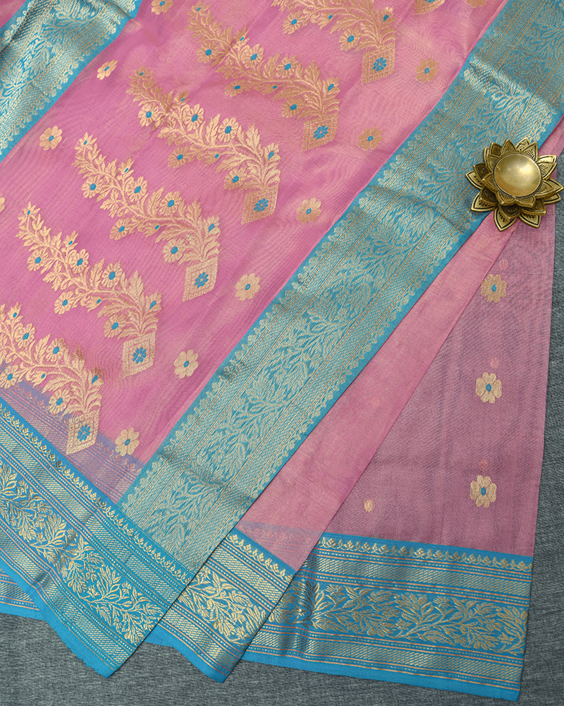 Pink Saree with Blue Border - Image 2
