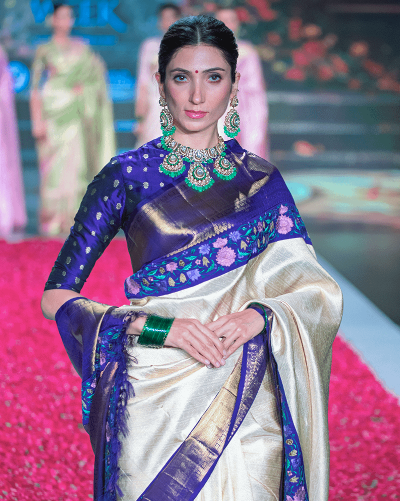 Offwhite & Blue Kanjivaram Saree - Image 2