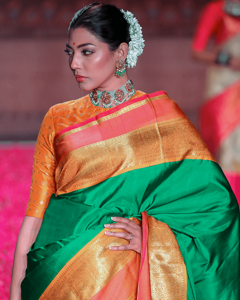 Green & Yellow Kanjivaram Saree - Image 2