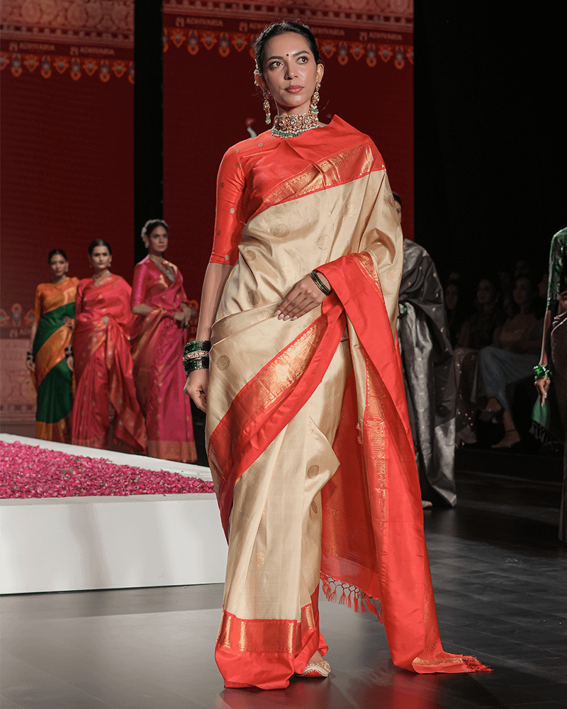 Cream & Vermilion Red Kanjivaram Saree