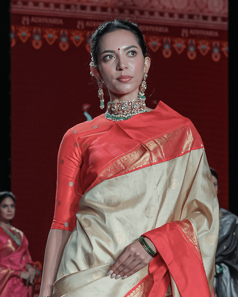 Cream & Vermilion Red Kanjivaram Saree - Image 2