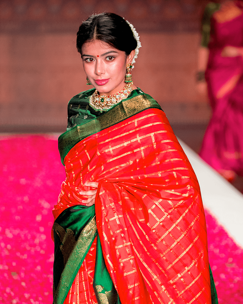 Red & Emerald Green Kanjivaram Saree - Image 2