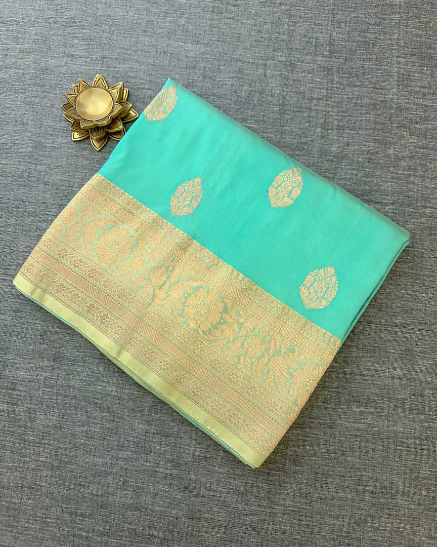Aqua Silk Saree with Golden Zari - Image 3