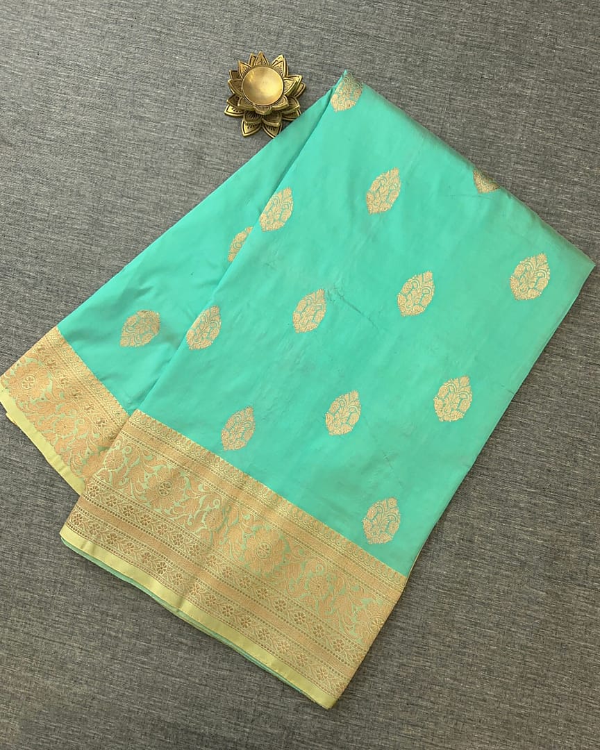 Aqua Silk Saree with Golden Zari - Image 4