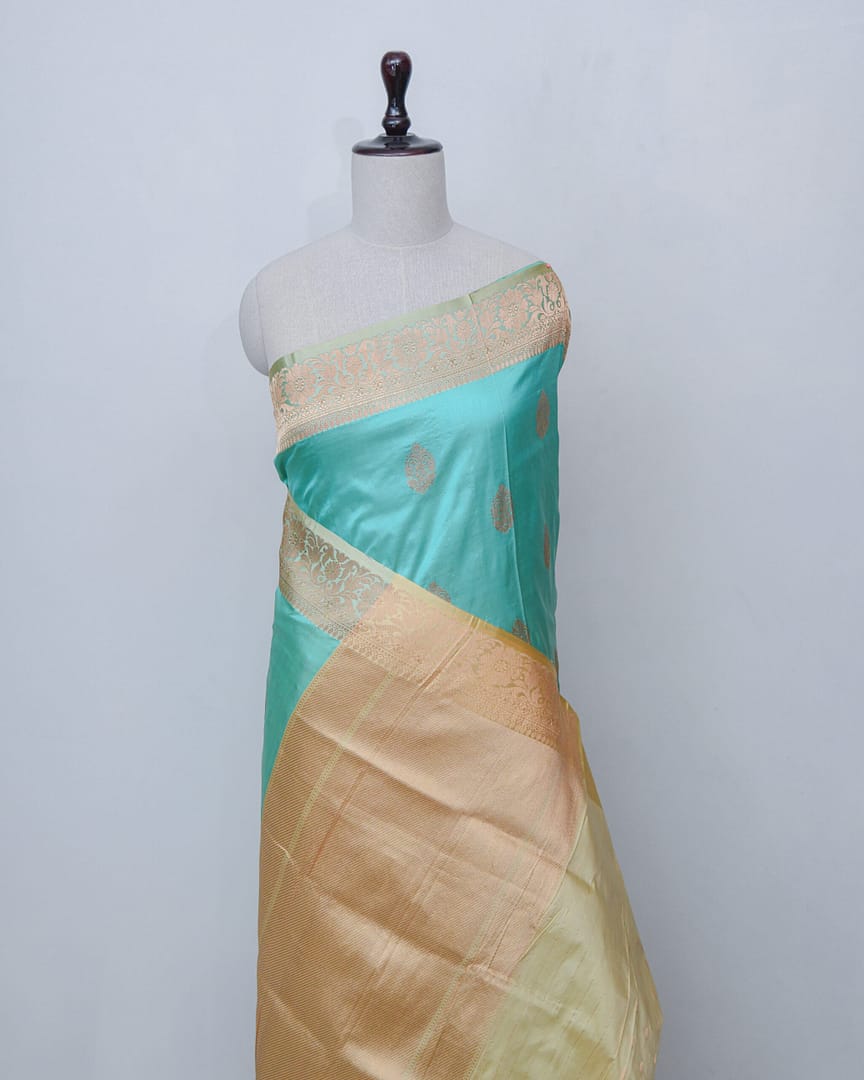 Aqua Silk Saree with Golden Zari